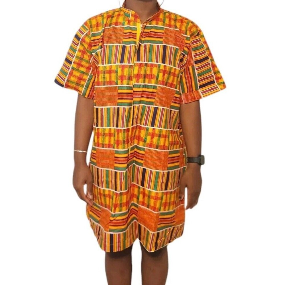 African Wax Kente Dress Women's Size XL Cotton Handmade Pockets Zipper‎